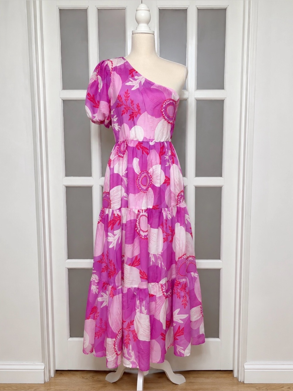 J Marie One Shoulder Floral Midi Dress Pink Tiered Puff Sleeve L NWT